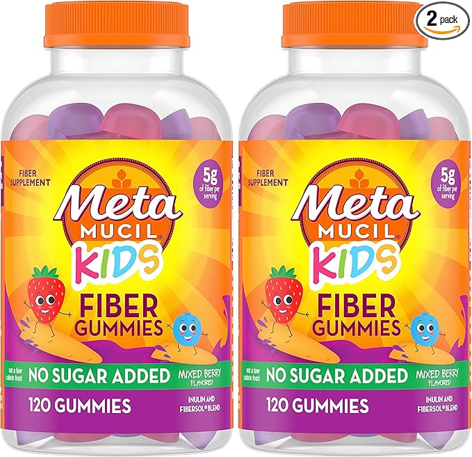 Metamucil Kids Fiber Gummies No Sugar Added 5g Prebiotic Plant-Based Fiber Supplement Blend Mixed Berry Flavored 120ct Gummies (Pack of 2)