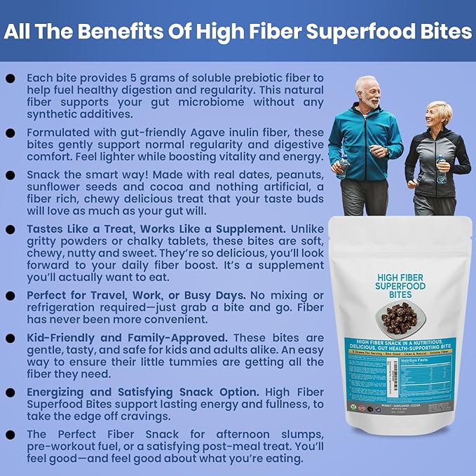 High Fiber Superfood Bites 5g Clean Fiber Snacks for Adults Peanut Cocoa Date Flavor High Fiber Foods No Added Sugar Vegan Fiber Snack Supports Digestion Regularity Gut Health Snack 30 Count