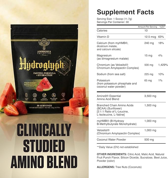 Ambrosia Hydroglyph Intraworkout Electrolytes Hydration Drink Mix | Sugar Free Electrolyte Powder with Amino Acids | Supports Lean Muscle During Fasting | 30 Servings | Strawberry Watermelon