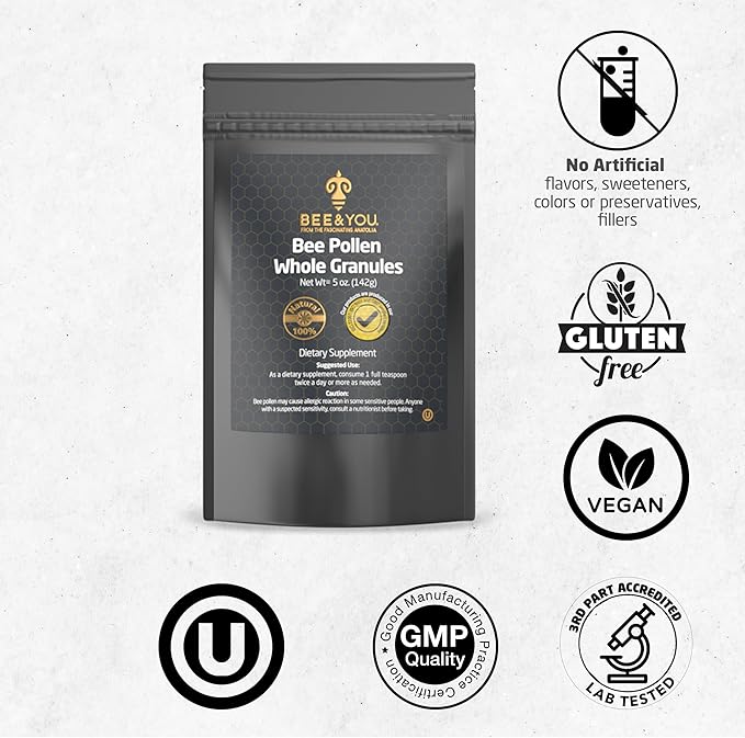 Bee and You Propolis Shot 12 Bottles and Bee Pollen Bundle Natural Supplement Bee Propolis Antioxidants Proteins Vitamins Amino Acids for Adults Women Me