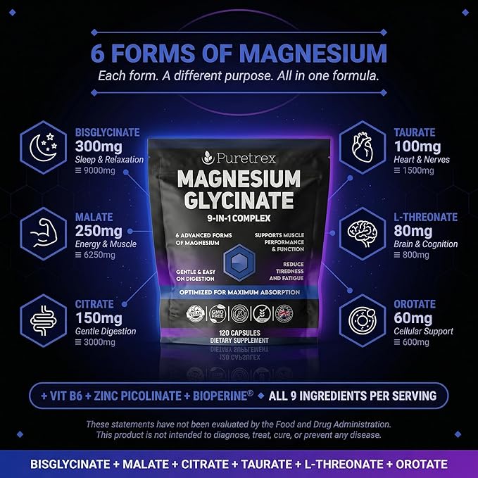 Magnesium Glycinate Complex 120 Vegan Capsules 9-in-1 Formula with 6 Advanced Forms Supports Muscle Performance Maximum Absorption