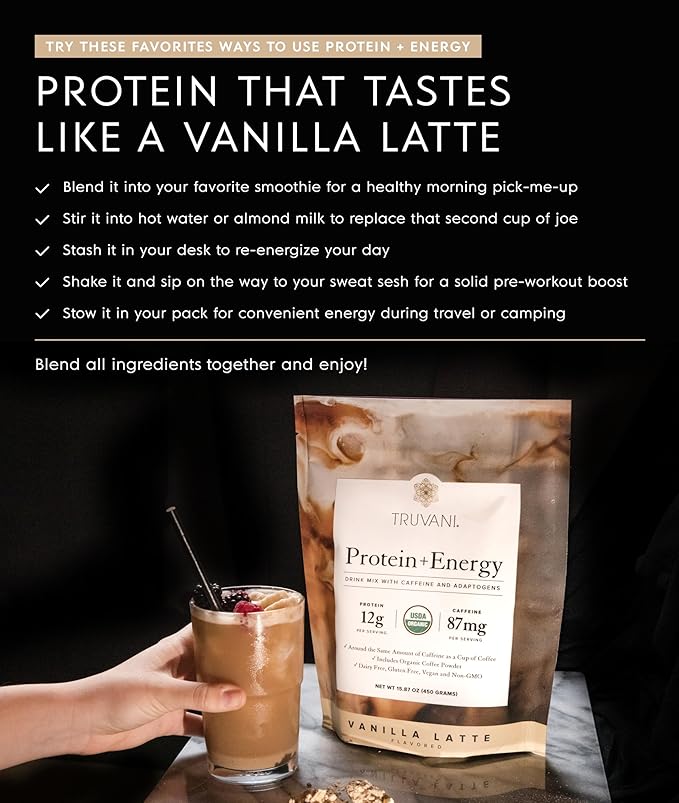 Truvani Protein + Energy Drink Mix with 87mg Caffeine | Vanilla Latte | 12g Organic Plant Based Protein | 20 Servings | USDA Organic Coffee Powder &amp Adaptogens | Gluten &amp Dairy Free | Vegan |