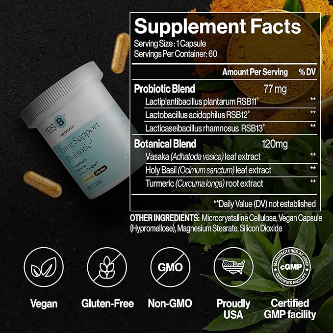 resB Lung Support Probiotic Supplement - Lung Health Supplement for Smokers Gut Health Immune &amp Digestive Support Respiratory Care Holy Basil &amp Turmeric Clinically Trialed - 60 Capsules