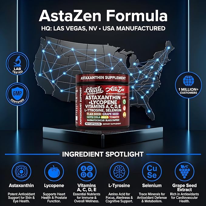 Clean Nutra Astaxanthin 12mg Lycopene Supplement with Vitamin A C D3 E L-Tyrosine Selenium Flax Grape Seed Gotu Kola Amla Black Pepper 90 Complex Veggie Capsules