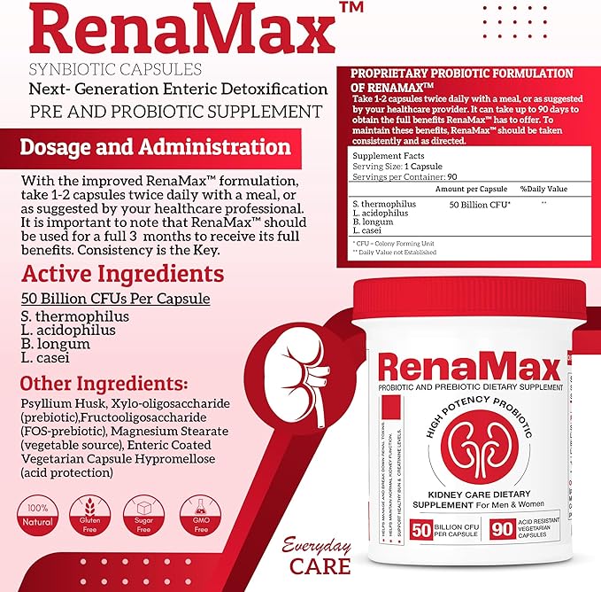 Capsule Kidney Restores &amp Kidney Care Supplement - Probiotic &amp Prebiotic Supplement to Support Normal Kidney Function - 50 Billion CFU per Capsule - Made in U.S.A (90 Caps (1 Pack))