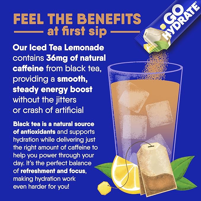GoHydrate Low Sodium Electrolytes Powder Packets Sugar Free - Instant Hydration Daily Drink Mix - Zero Sugar Water Flavor Packet Singles with Vitamin D - (Iced Tea Lemonade 30 Packs)
