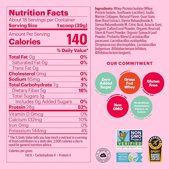 Natreve Whey Protein Powder - 28g Grass-Fed Whey Protein with Amino Acids Probiotics &amp Collagen - Gluten Free Strawberry Shortcake 18 Servings