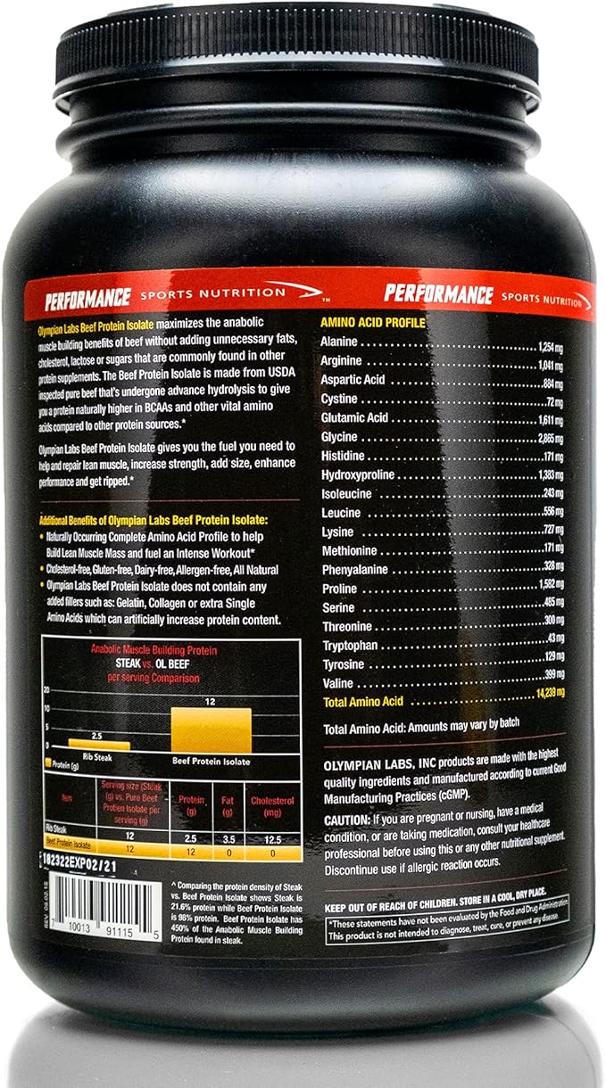 Olympian Labs Beef Protein Isolate Powder 24g Protein BST Free 2 Grams BCAA's Muscle Building Amino Acids 32 Ounces Flavored with Real Chocolate