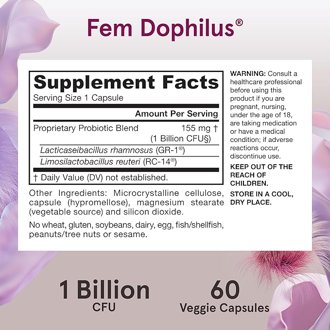 Jarrow Formulas Fem-Dophilus Probiotics 1 Billion CFU with 2 Science-Backed Strains Dietary Suppl for Vaginal and Urinary Tract Supp60 Veggie CapsUp to a 60 Day Supply Shelf-Stable12 Packs