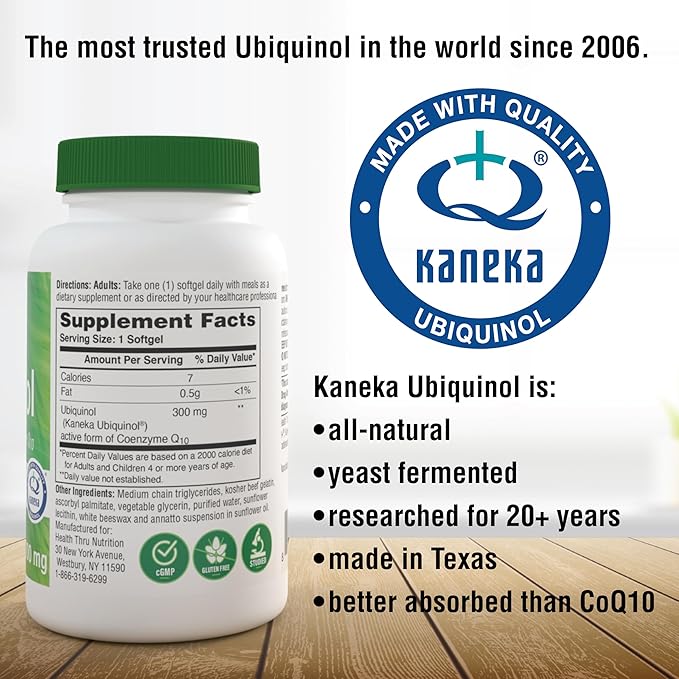 Health Thru Nutrition Ubiquinol 300mg 120 Softgels as Kaneka QH Reduced CoQ-10 | Stabilized - 3rd Party Tested | Enhanced Bioavailability | Cardiovascular &amp Mitochondria Function Support | Non-GMO