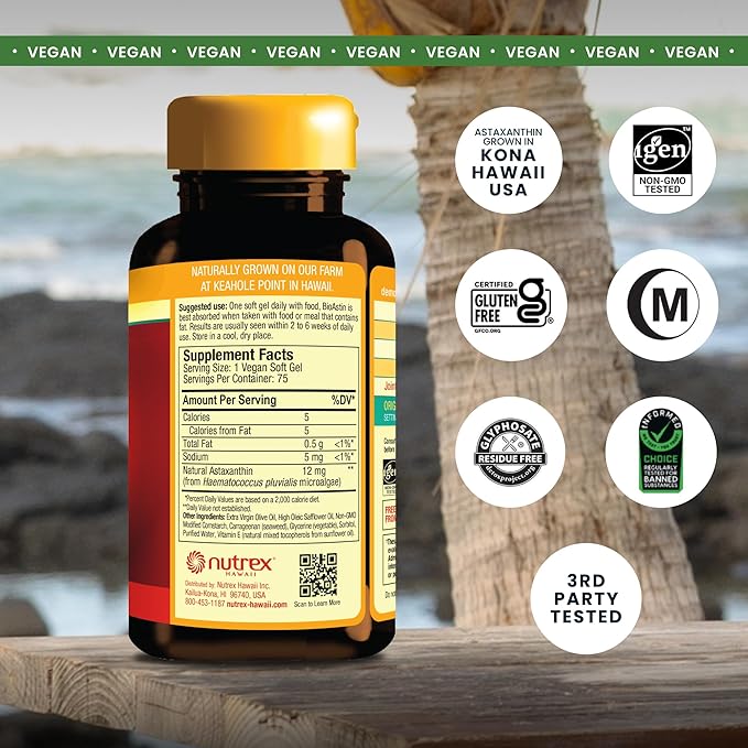 Nutrex Hawaii Vegan BioAstin Hawaiian Astaxanthin - 12mg 75 Softgels - Farm-Direct Premium Antioxidant Supplement to Support Eye Skin Joint &amp Immune System Health - Non-GMO &amp Gluten-Free