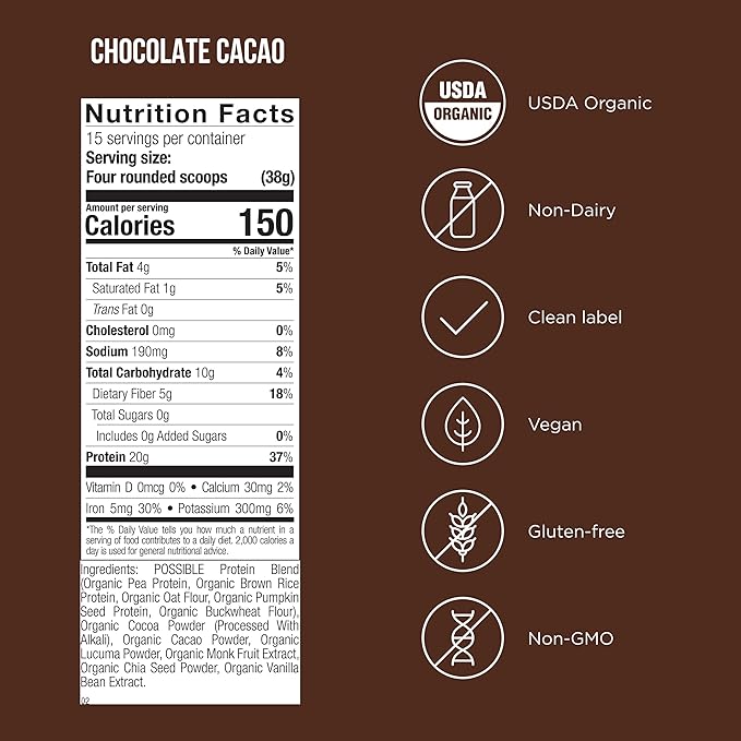Protein Powder - Muscle Growth &amp Recovery Support - Plant-Based Protein - Essential Amino Acids &amp BCAAs - Vegan Gluten-Free &amp USDA Organic - Chocolate 1.25 Pound (Pack of 1)