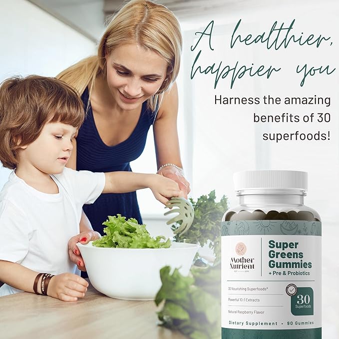Mother Nutrient Super Greens Gummies for Women Adults - with Prebiotics &amp Probiotics Not 8 but 30 Powerful Greens Superfoods - Multivitamin Veggie Chewables (90 Gummies)
