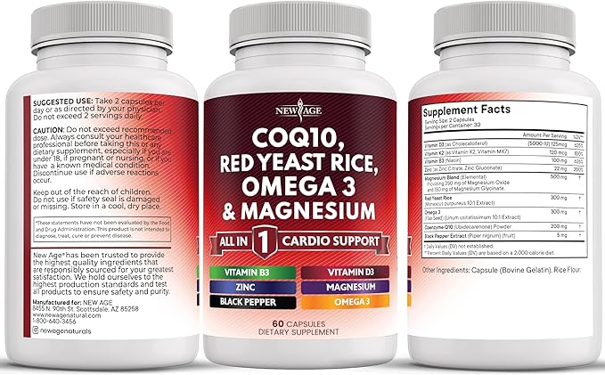 NEW AGE COQ10 200mg Red Yeast Rice 3000mg Omega 3-6-9 3000mg Magnesium Complex 500mg Zinc Vitamin K2 D3 - Vitamins for Women and Men with Vitamin B3 Coenzyme Q10-120 Count