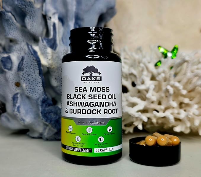 Premium 15-in-1 Sea Moss Multivitamin with Black Seed Oil Ashwagandha Turmeric Bladderwrack Burdock Elderberry Vitamin C &amp D3 Manuka Honey &amp ACV – 60 Capsules