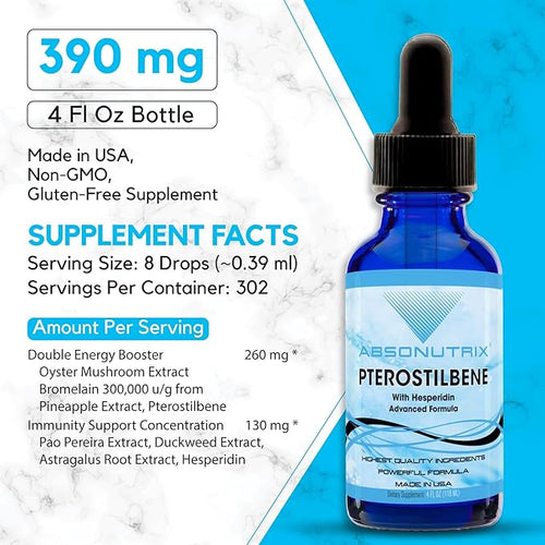 Absonutrix Pterostilbene with Hesperidin 390 mg 4 Oz Liquid 300 Servings Made in USA Quick Absorption Quality Potent Ingredients Non-GMO GMP Certified Facility Cruelty-Free Products