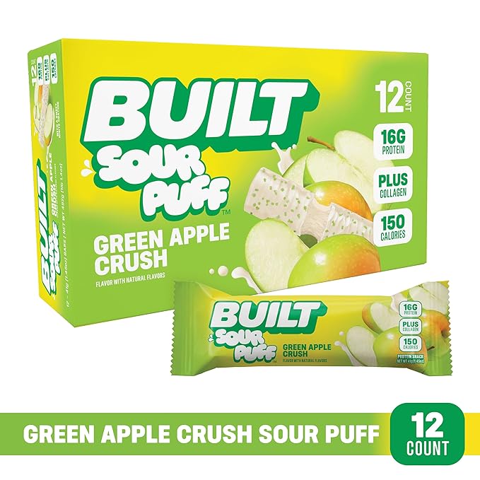 BUILT Bar Sour Puff Protein Bars - Green Apple Crush - 16g Protein Snack Bars with Collagen - Calorie Conscious &amp Gluten Free - 12 Count