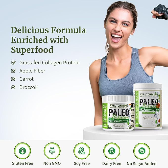 Paleo Perfection Natural Grass Fed Beef Collagen Protein Powder for Men &amp Women w/ Apple Fiber Carrot Broccoli - 300g Paleo Keto SCD AIP Protein Powder &amp Superfood Blend - Unflavored Uns