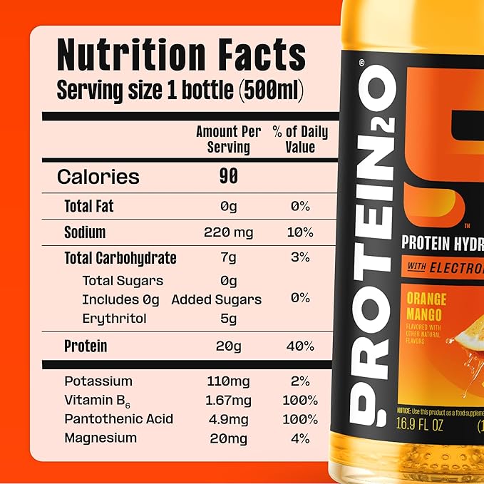 Protein2o Hydration Drink - 2-in-1 Liquid Clear Whey Protein Isolate and Electrolyte Drink - 20g Protein Vitamins B5 B6 - Post-Workout Recovery - 16.9 Fl Oz - 12 Count Orange Mango
