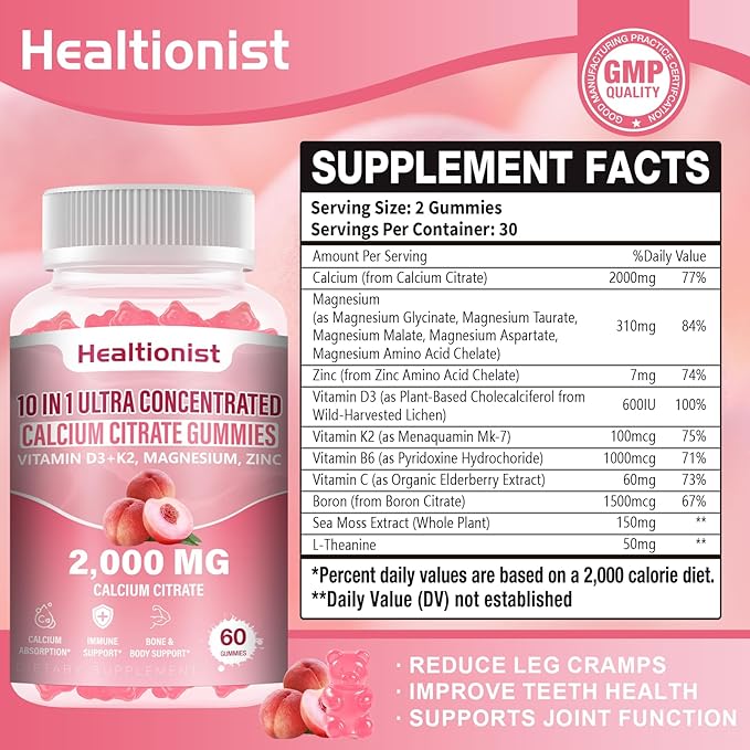 2 Packs 2000mg Calcium Citrate with Vitamin D3 K2 Supplements Gummies for Women &amp Men Magnesium Zinc High Absorption Bone Muscle &amp Immune Support 120 Counts Peach Flavor Gummies