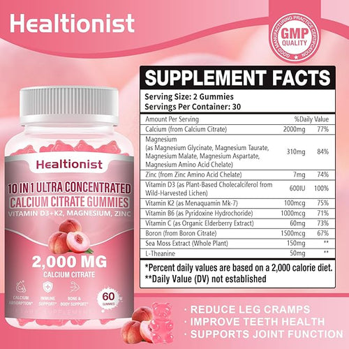 2 Packs 2000mg Calcium Citrate with Vitamin D3 K2 Supplements Gummies for Women &amp Men Magnesium Zinc High Absorption Bone Muscle &amp Immune Support 120 Counts Peach Flavor Gummies