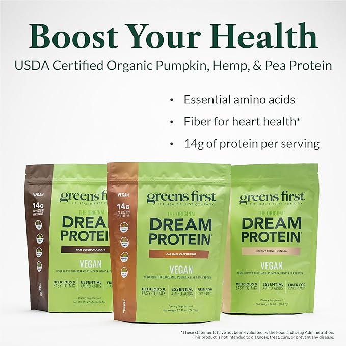 Greens First Dream Protein Plant-Based Vegan Powder - USDA Organic Pumpkin Hemp &amp Pea Protein - Gluten-Free Non-GMO No Added Sugar (Rich Dutch Chocolate 27.54 oz)