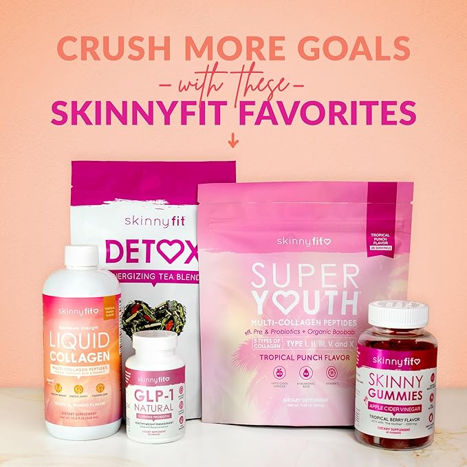 SkinnyFit - Super Youth Collagen for Women - Multi Collagen Peptides Powder - Probiotics Fiber Hyaluronic Acid - Non GMO Gluten Free Sugar Free - Beauty &amp Self Care - Peach Mango (28 Servings)