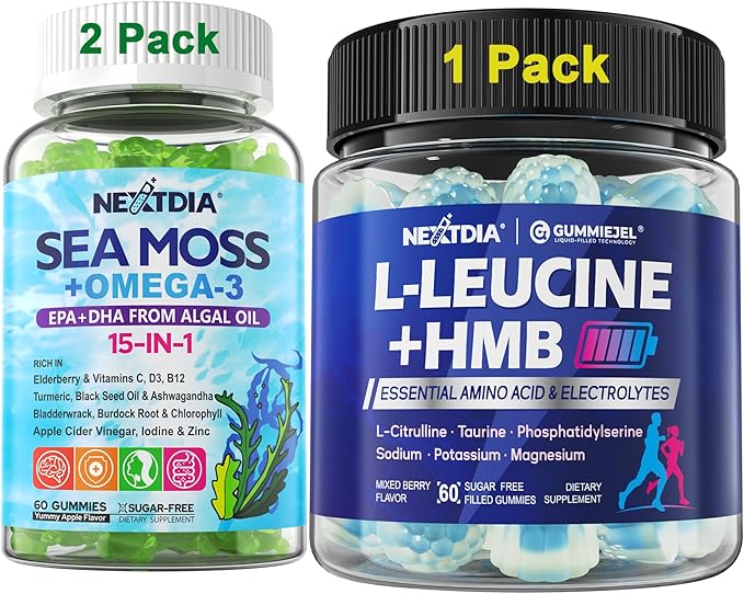 Bundle: Sea Moss Gummies + Algae Omega-3 for Men Women 2 Pack &amp Hmb and L-Leucine Gummies + Electrolyte for Men &amp Women 1 Pack