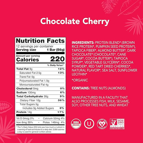 ALOHA Organic Plant Based Protein Bars - Chocolate Cherry - 12 Bars Vegan Low Sugar Gluten-Free Paleo Low Carb Non-GMO No Stevia No Erythritol