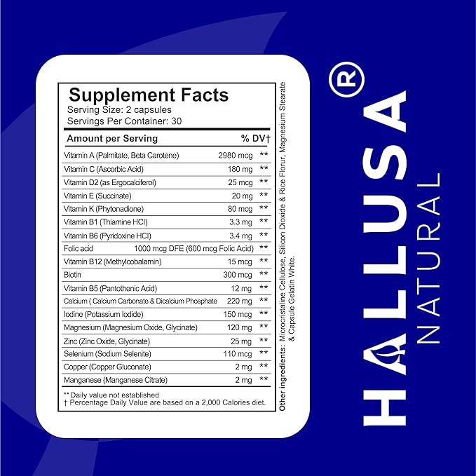 Hallusa Natural HallMulvit Men - Multivitamin for Men Heart Muscle &amp Immune Support + Biotin Iron Vitamin B12 Vitamin C Vitamin E Folate Calcium Magnesium Zinc &amp More - 60 Capsules