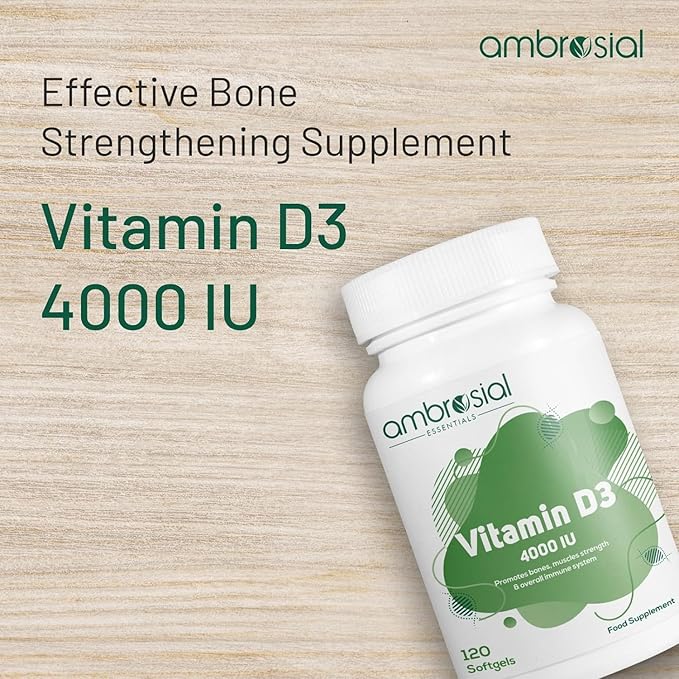 AMBROSIAL Vitamin D3 4000 IU | Healthy Bones and Teeth | Supports Immunity and Muscle Function | Gluten Free (Pack of 1-120 Softgels)