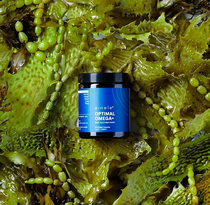 eimele | Optimal Omega+ | Plant-Based Omega-3 EPA &amp DHA | Supplement for Brain Eye &amp Heart Health | Antioxidant Support for Cognitive Function &amp Wellbeing | Non-GMO | Vegan | 60 softgel C