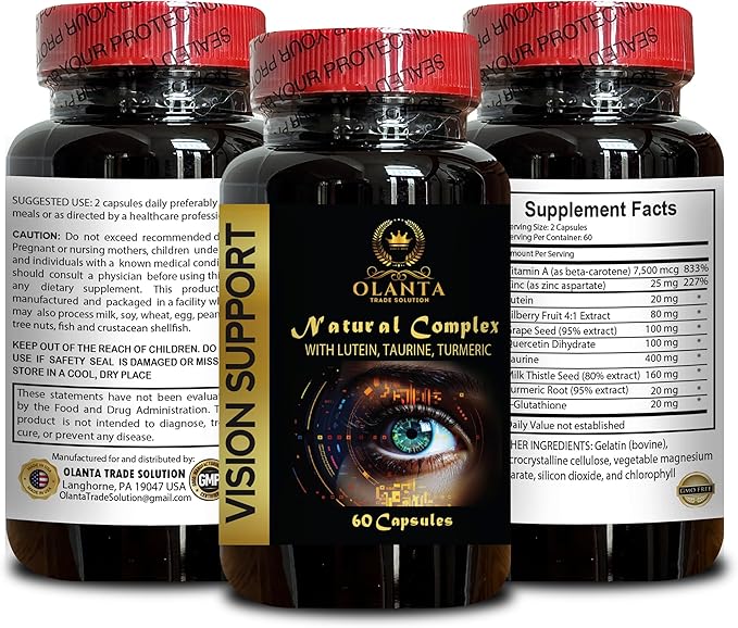Eye Vitamins with Lutein and Bilberry - VISION SUPPORT NATURAL COMPLEX - Vision Health for Adults with Vitamins C Eye Vitamin Ingredients Eye Health Complex Supplement - 1 Bottle
