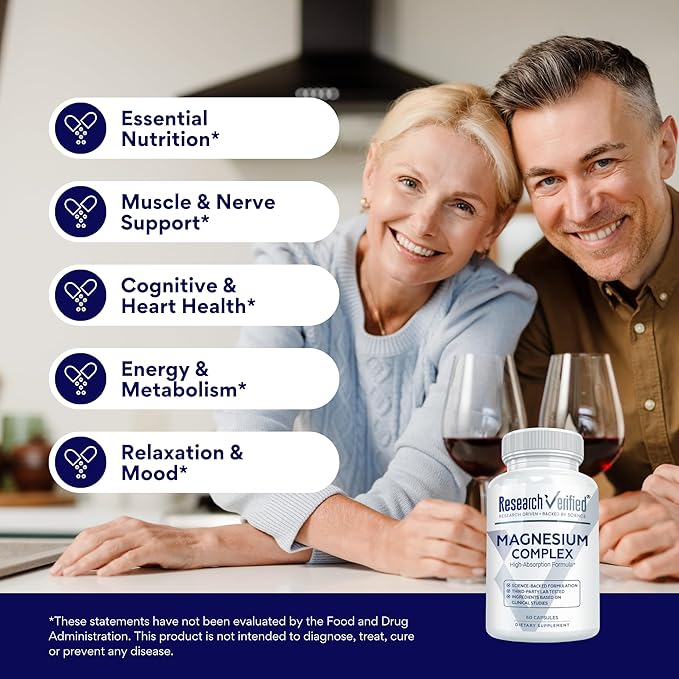 Research Verified Magnesium Complex - Brain Muscle and Nerve Support - Magnesium Bisglycinate Malate Citrate and Oxide - Bioperine - Vegan - 60 Capsules - Pack of 1