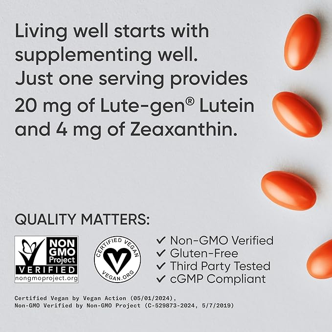 Sports Research® Lutein and Zeaxanthin Capsules - Eye Health Support Supplement Made with Lute-Gen® and Organic Coconut Oil - Vegan Friendly &amp Non-GMO Verified - 120 Veggie Softgels