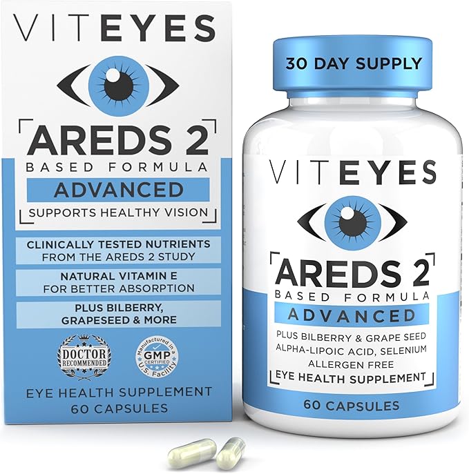 Viteyes AREDS 2 Advanced Macular Support with Bilberry grapeseed FLORAGLO Lutein Selenium Natural Vitamin E Allergen Free Eye Vitamins for Vision Protection 60 Count