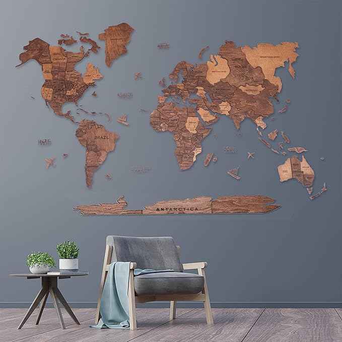Handmade 3D Wood World Map Wall Art Large Wall Decor Track Your World Travels - Special for Home Kitchen and Office (Large Oak)