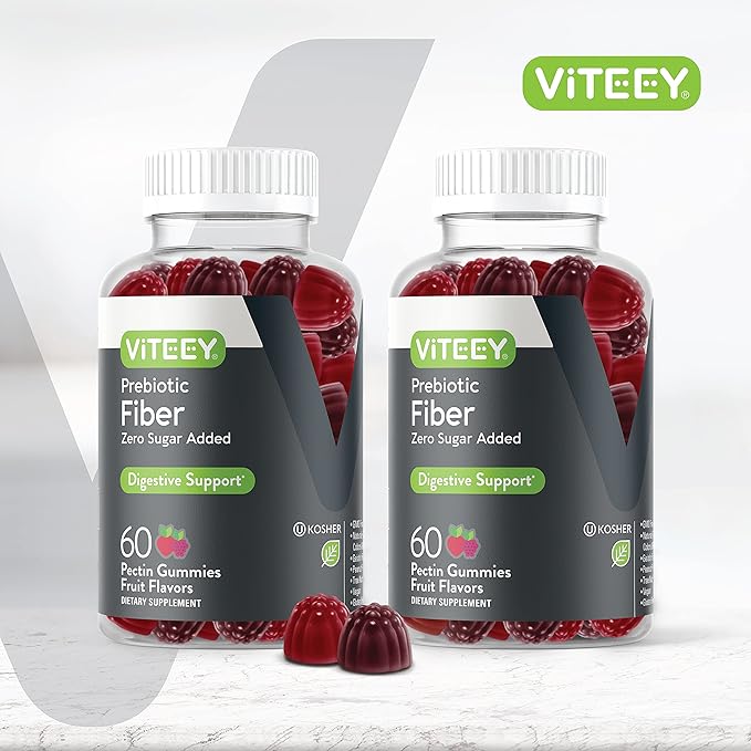 VITEEY Prebiotic Fiber Gummies for Adults 4g - Gut Health &amp Digestive Soluble Fiber Supplement Gummies - Zero Sugar Added Vegan Gluten-Free - 120 Count