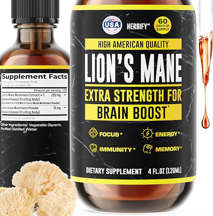 HERBIFY Lions Mane Supplement - Daily Mushroom Supplement for Memory Focus &amp Clarity - Brain Booster - Lions Mane Tincture for Immune Support - 4 Fl oz