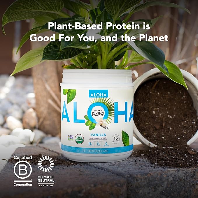 ALOHA Organic Plant Based Protein Powder Stevia Free Vanilla 19.6 oz 15 Servings PACKAGING MAY VARY