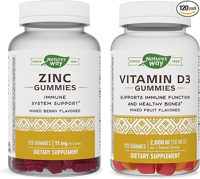 Nature's Way Immune Gummies Bundle Zinc Gummies Vitamin D3 Gummies Immune Support Delicious Berry and Fruit Flavors 120 Gummies Per Bottle
