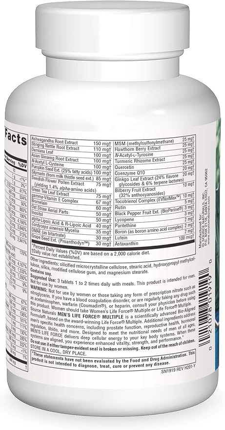 Source Naturals Men's Life Force Multiple Daily Multivitamin &amp Immune Health Supplement - 13 Essential Vitamins Nutrients &amp Minerals - 180 Tablets