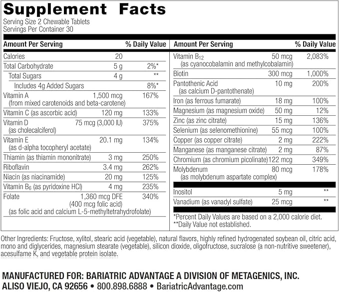 Bariatric Advantage Chewable Multi RP Multivitamin - for Bariatric Surgery Patients - with Iron Copper Vitamin C A Zinc &amp More - 100% DV of 18 Nutrients - Mixed Fruit - 60 Count