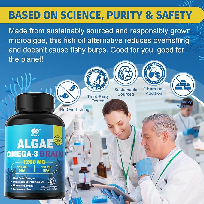 Vegan Omega 3 Supplement 120cts Omega3 Fatty Acids Softgels Fish Oil Alternative Plant-Based DHA EPA Algae Oil Omega-3 Supplement No Fish TasteNon GMO