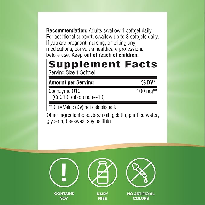 Nature's Way CoQ10 with Ubiquinone Supports Heart Health* Supports Cellular Energy Production* 100 mg per Serving 120 Softgels (Packaging May Vary)
