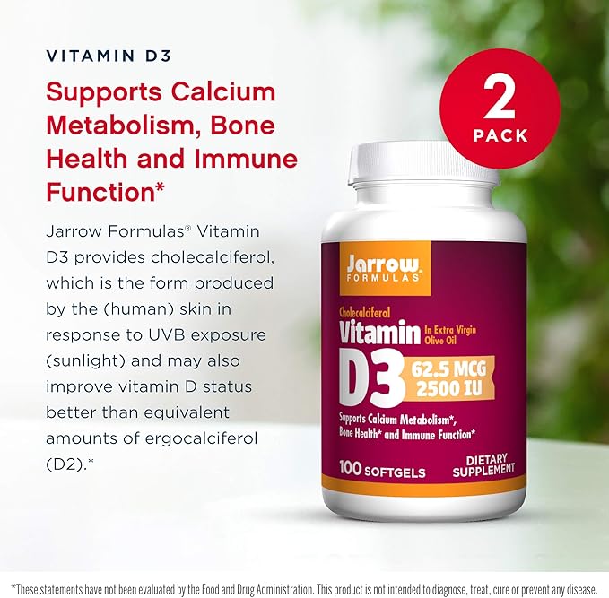 Jarrow Formulas Vitamin D3 2500 IU - 100 Softgels Pack of 2 - Bone Health Immune Function &amp Calcium Metabolism Support - 200 Total Servings