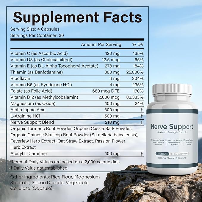 Nerve Support Supplement – Herbal Vitamin &amp Mineral Blend for Overall Nerve Comfort and Relaxation – Daily Wellness Formula – 120 Capsules