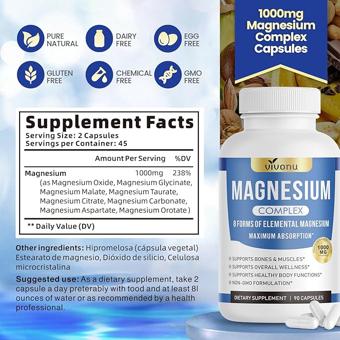 Magnesium Complex 1000mg – 8 Forms of Elemental Magnesium for Superior Absorption – Supports Muscle Recovery Bone Health &amp Nervous System Function – Non-GMO 90 Capsules