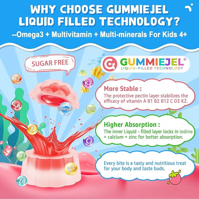 Omega 3 (EPA/DHA) Filled Gummies for Kids with Multivitamin Calcium + D3 + K2 + Zinc Plus Vitamin A B1 B2 B12 C Selenium Iodine for Brain Eye Bone Energy No Fish Taste 2 Pack