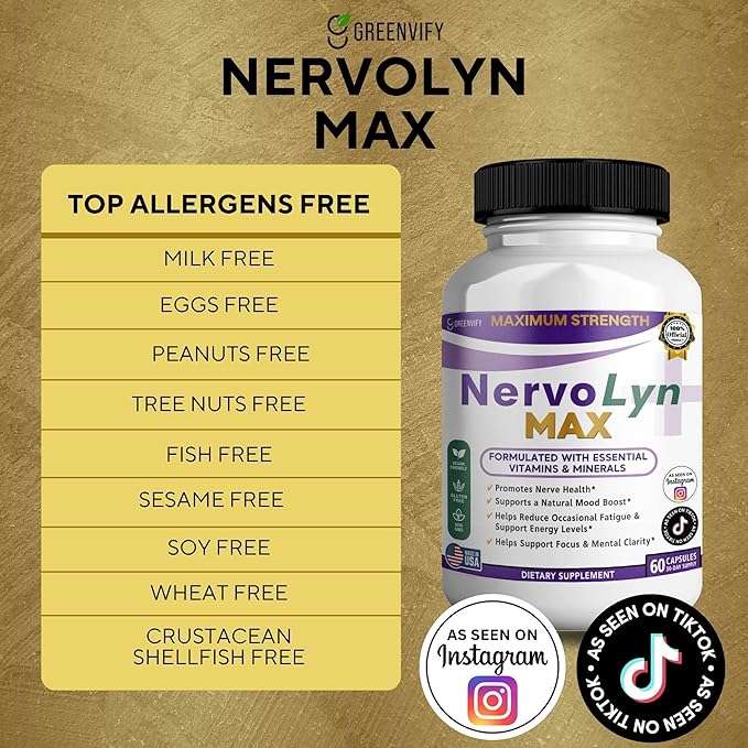 NervoLyn Max Maximum Strength Nerve Support Supplement 60 Capsules with Vitamin B Complex Vegan Gluten Free Non-GMO 30 Day Supply (2)